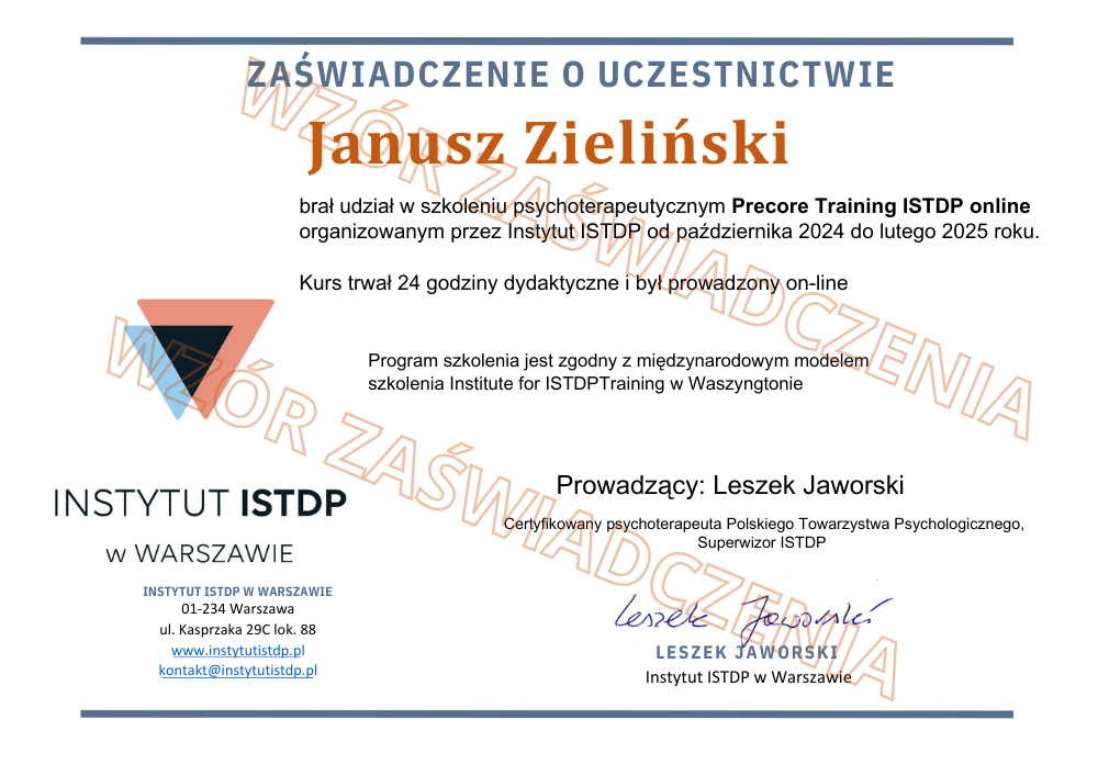Wzór zaświadczenia o odbyciu szkolenia — Instytut ISTDP